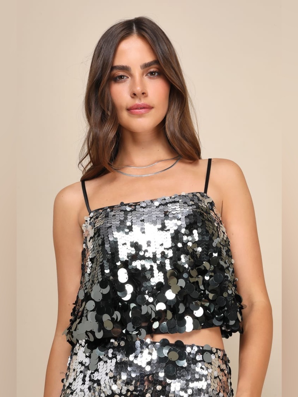 Lulus Sparkle Era Silver Sequin Cropped Tank Top NWT Small
